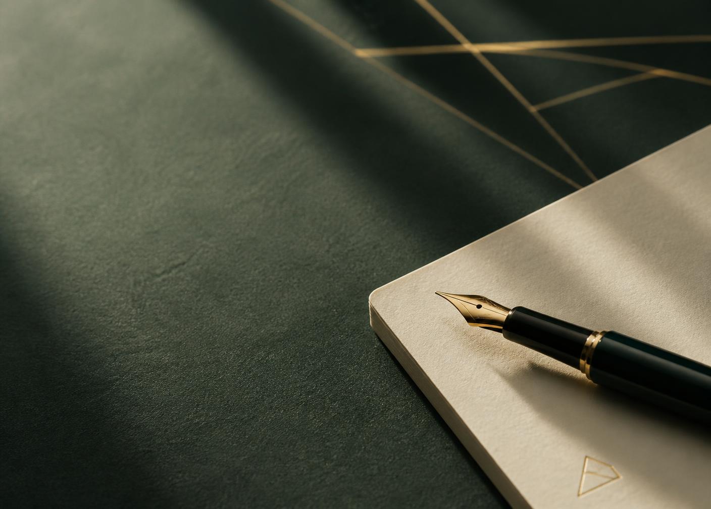 Caneta dourada sobre caderno em mesa verde profunda